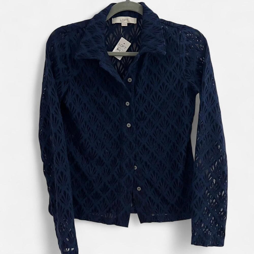 LOFT Textured Navy Sheer/Lace Button-Up Top